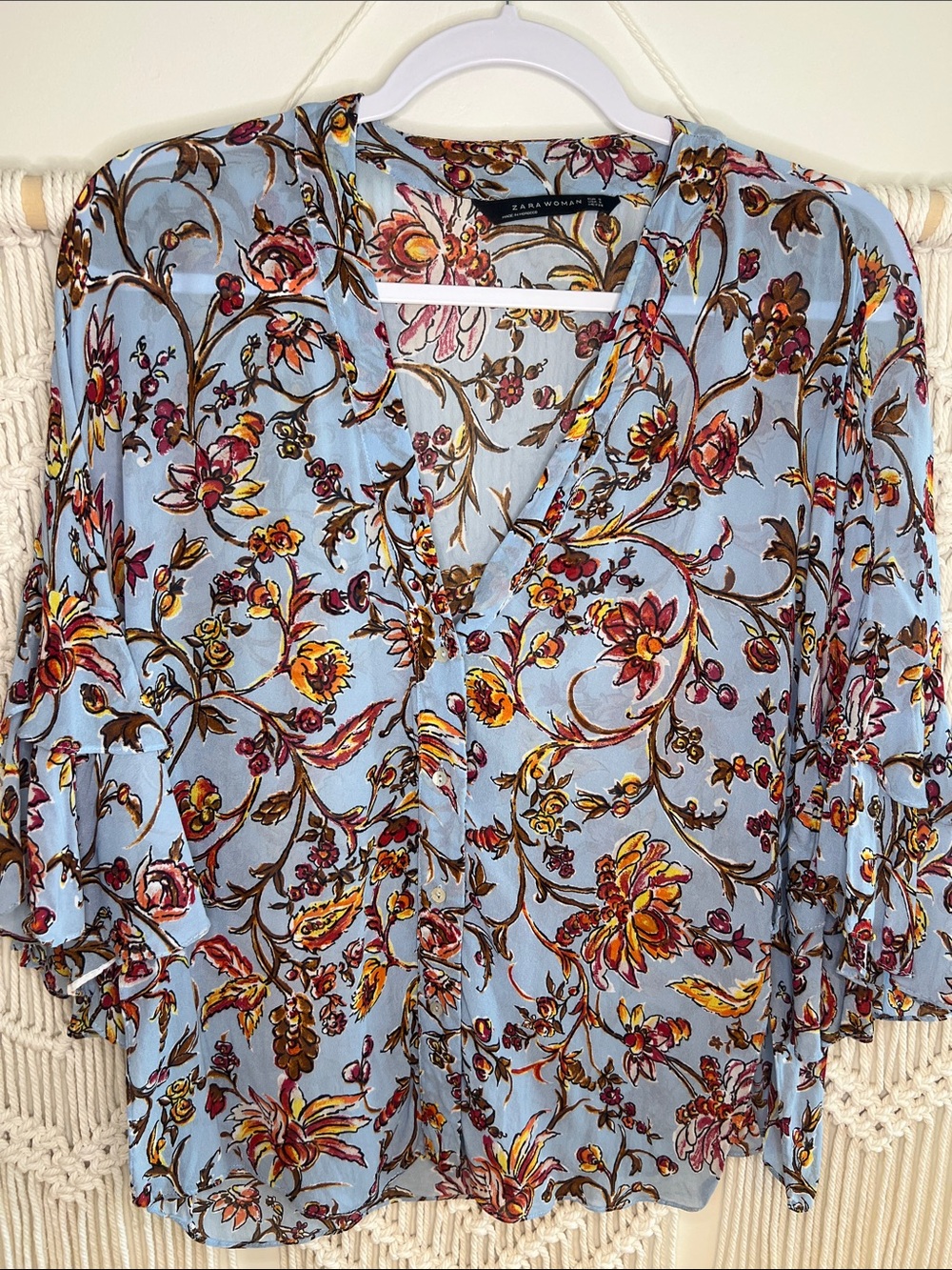 ZARA Sky Blue Floral V-Neck Button Blouse
